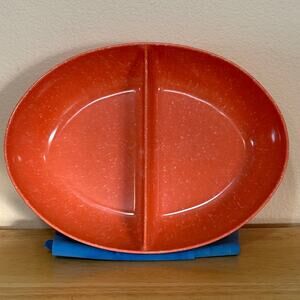 MCM Melamine vintage oval divided serving bowl. Orange speckled. 10” x 7.5”
